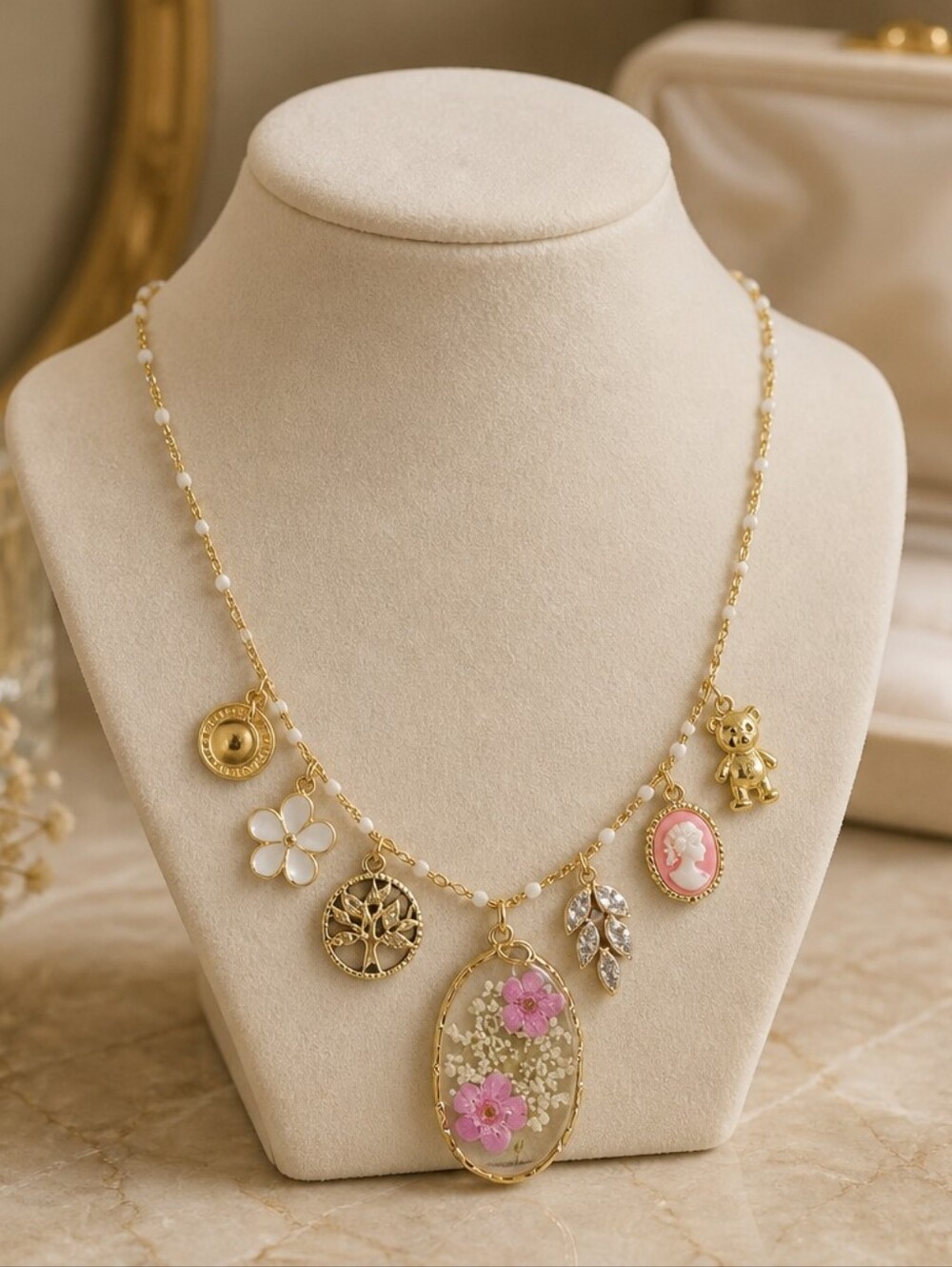 Gold-Tone Pink Floral Charm Necklace - Women Jewelry